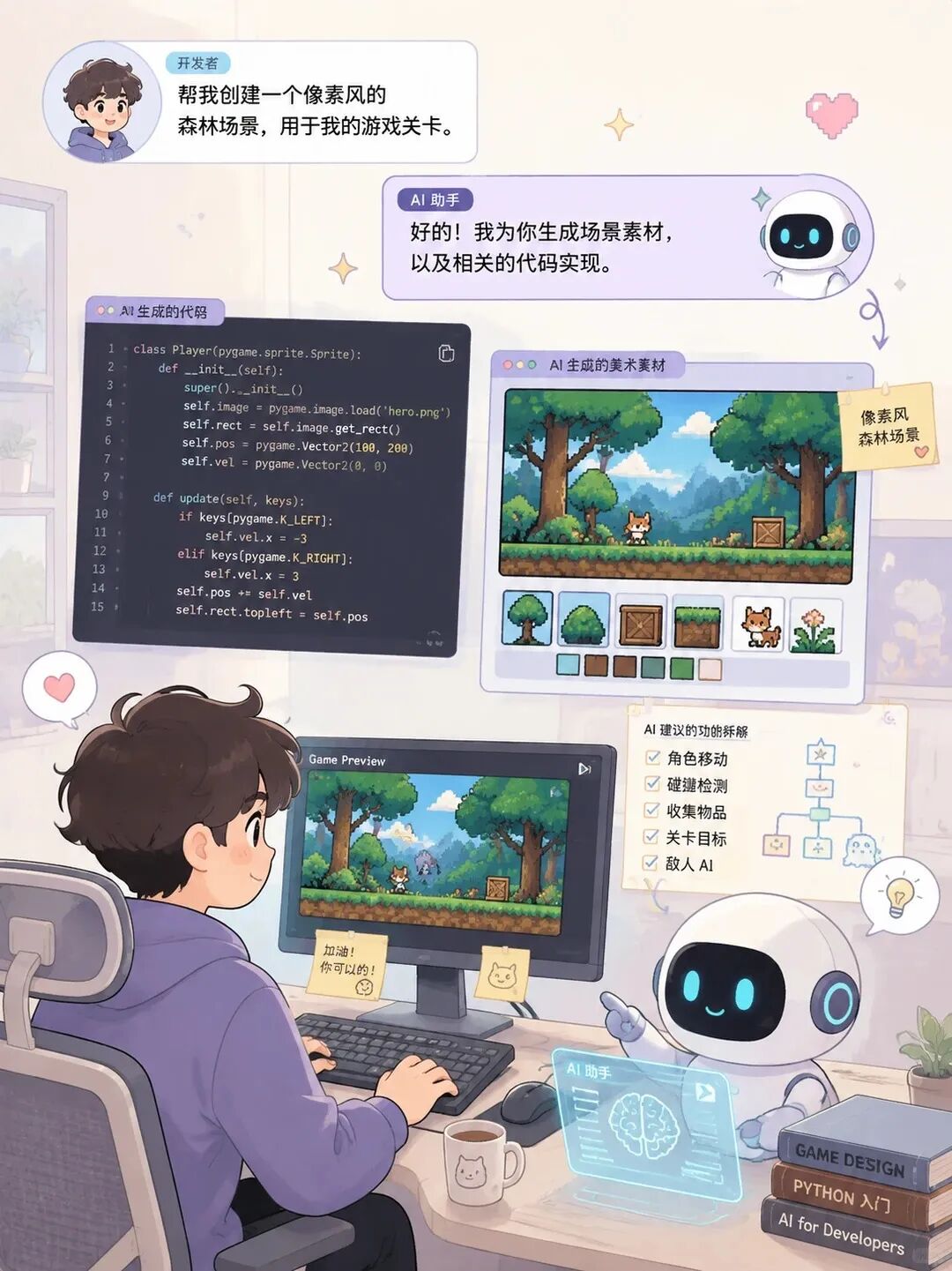 AI 协助制作的概念插画。图中代码使用 Python/Pygame,仅作协作示意,不能复制进 Godot;正文统一使用 GDScript。