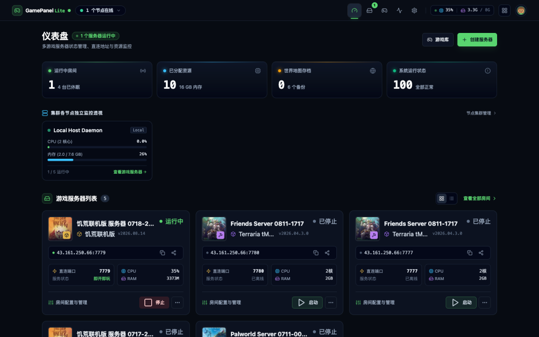 GamePanel Lite 仪表盘