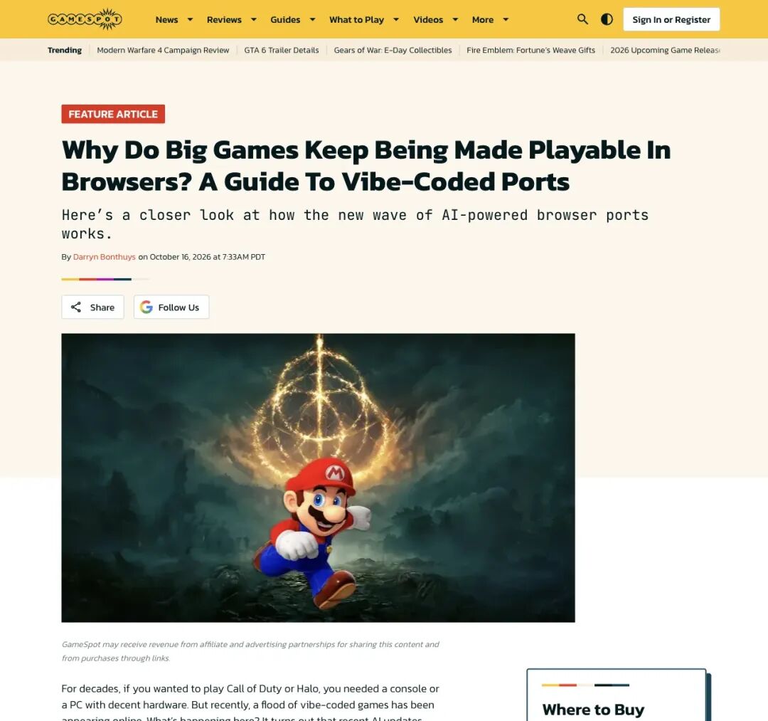 GameSpot 报道首屏:标题提问为何大型游戏不断被做成浏览器可玩版本,并自称为 vibe-coded ports 指南。