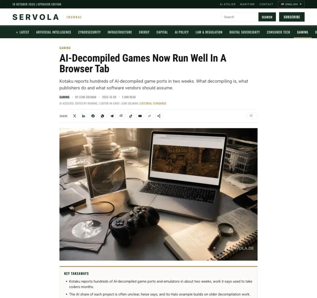 Kotaku 报道波次的网页摘要页:标题写明 AI 反编译游戏已能在浏览器标签页运行,并把加速归因于 Claude Opus 5.5。