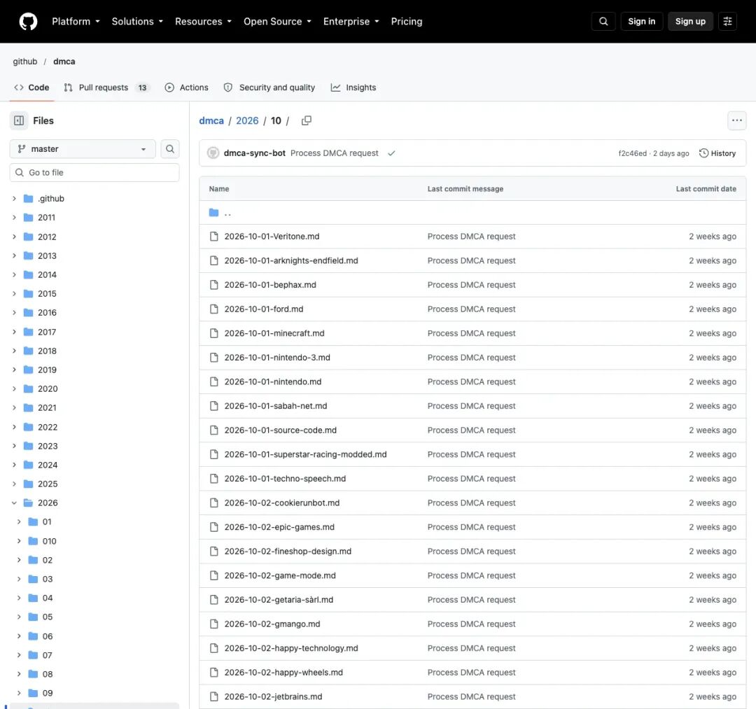 GitHub 官方 dmca 仓库 2026/10 目录页:列出大量以日期命名的 Markdown 下架通知文件,表明当月版权投诉密集。